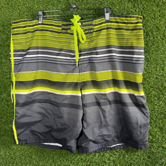 OP XL Mens Swim Trunks Gray Yellow Striped Swimsuit Drawstring - Picture 1 of 5